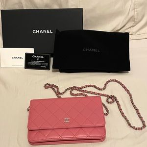 Chanel Lambskin Quilted Wallet on Chain Pink